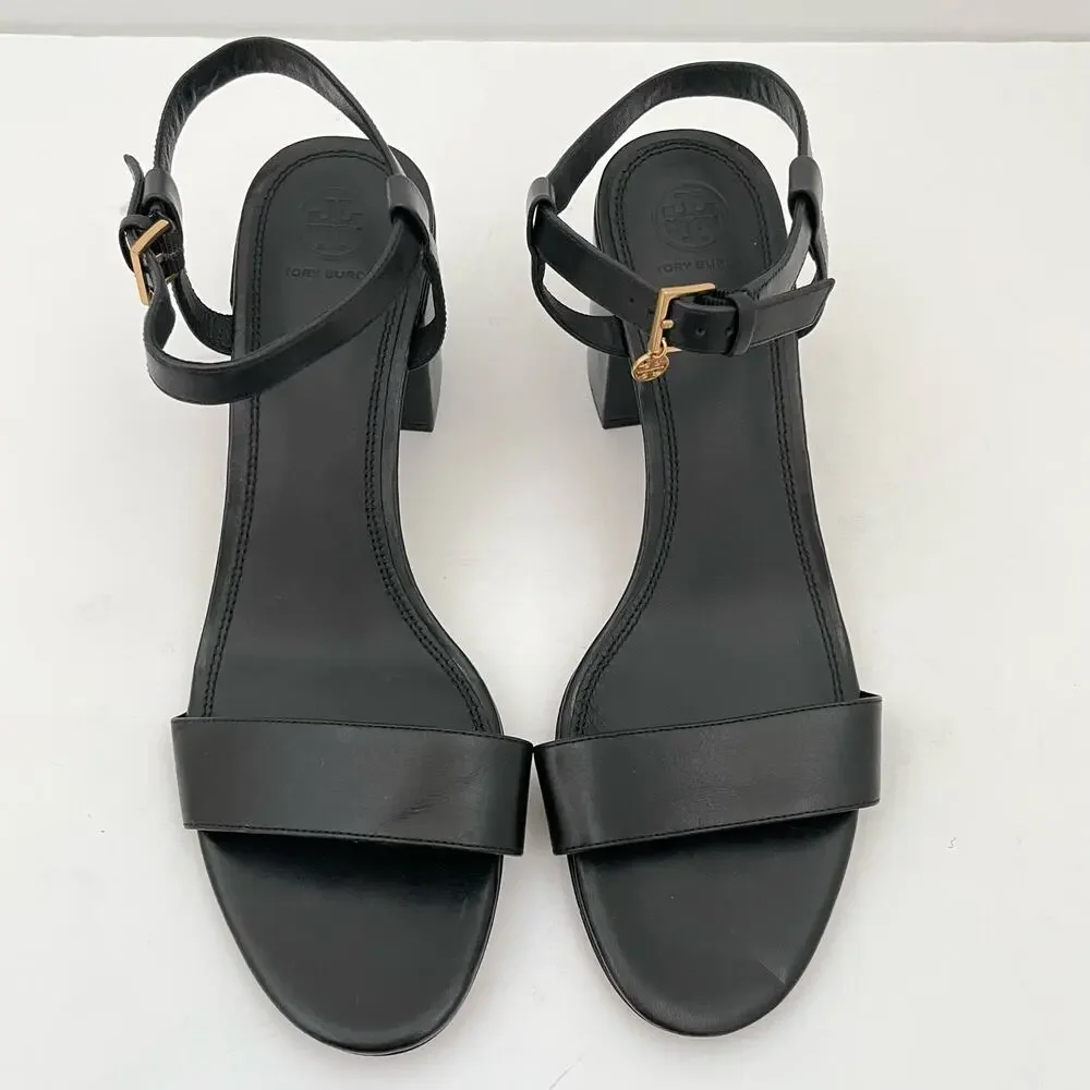 Tory Burch Black Leather Block Heel Sandals with Gold Buckle